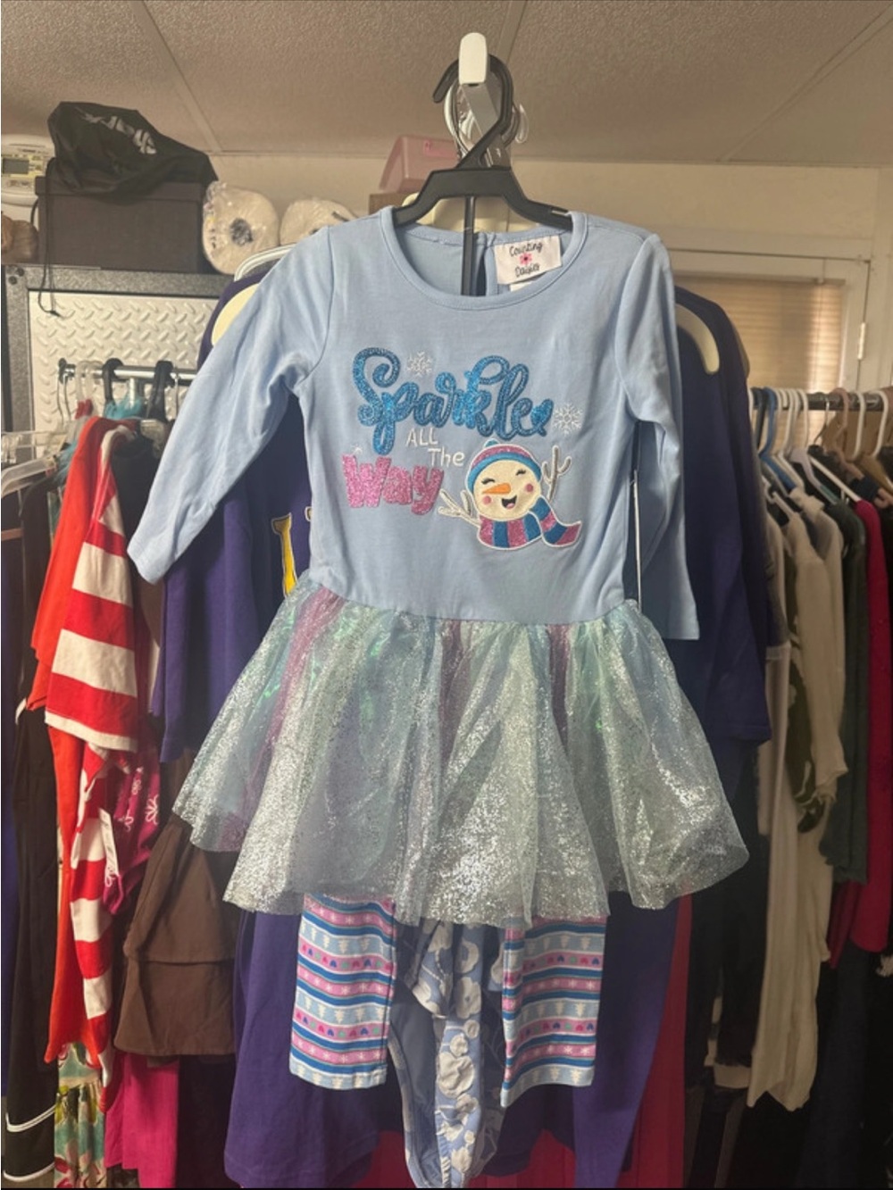 Counting Daisies Light Blue Sparkle Snowman Girls Costume Dress with Tulle Skirt